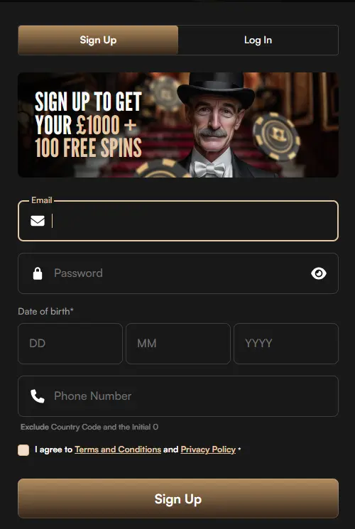 Harrys Casino signup form with a welcome bonus banner to guide and incentivize new UK players.